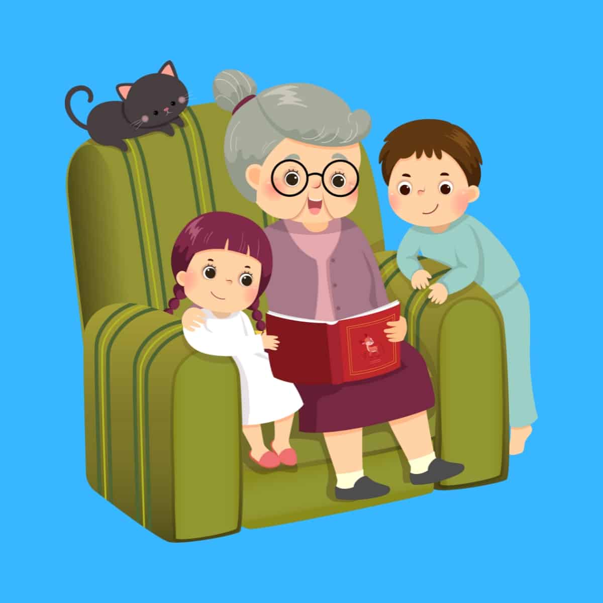 Cartoon graphic of a grandma in a chair reading a book to her two grand kids on a blue background.