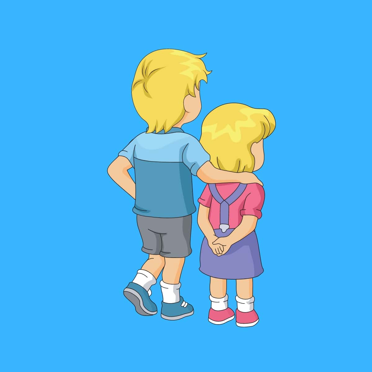 Cartoon graphic of a brother putting his arm around his younger sister on a blue background.