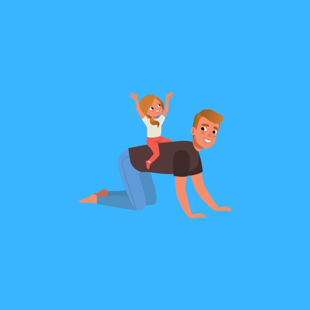 Cartoon graphic of an uncle giving his niece a horsey ride on a blue background.