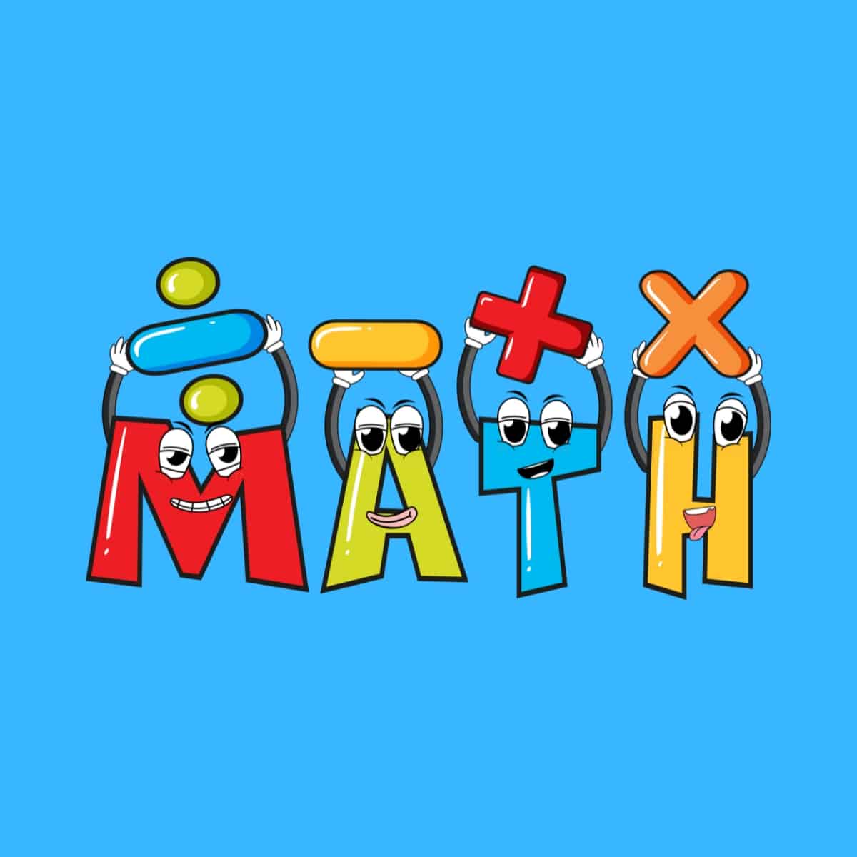 Cartoon graphic of the word math spelled out with the letter having faces on them a on a blue background.