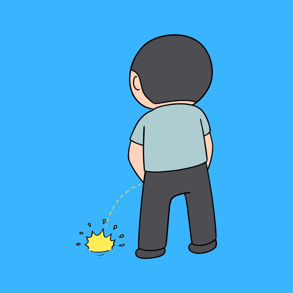 Cartoon graphic of a boy peeing onto the ground on a blue background.