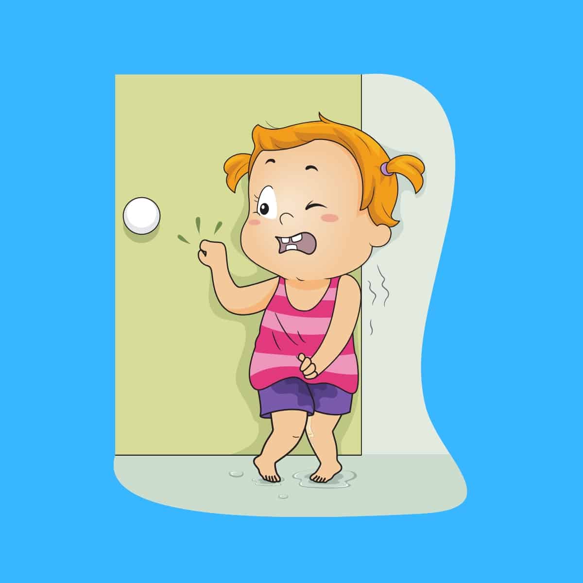 Cartoon graphic of a call with wet pants knocking on the door of a bathroom to go pee on a blue background.