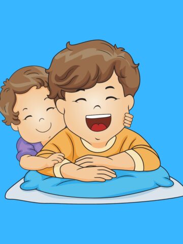 Cartoon graphic of two siblings and one cuddling the other from behind while lying on a pillow on a blue background.