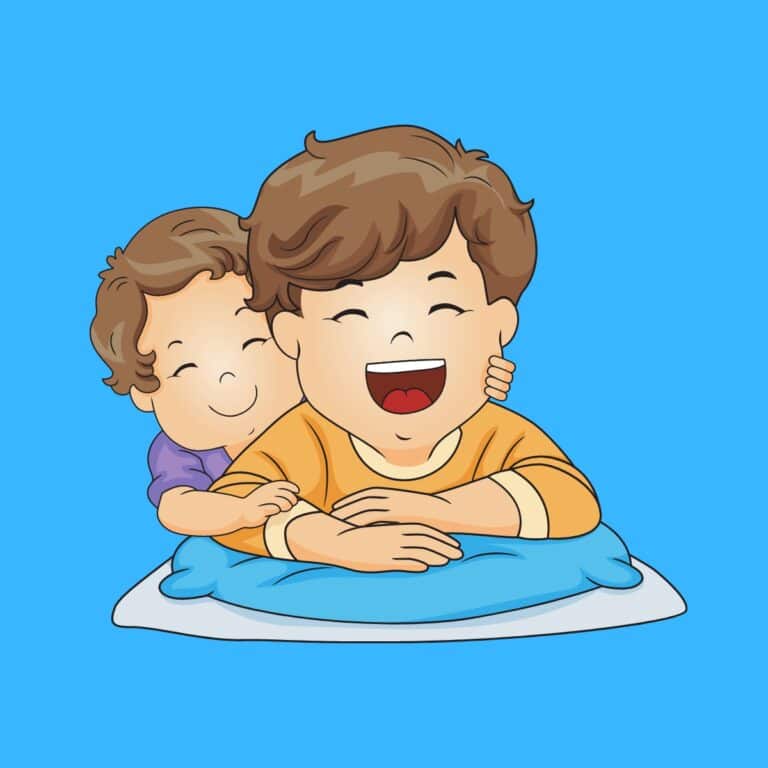 Cartoon graphic of two siblings and one cuddling the other from behind while lying on a pillow on a blue background.