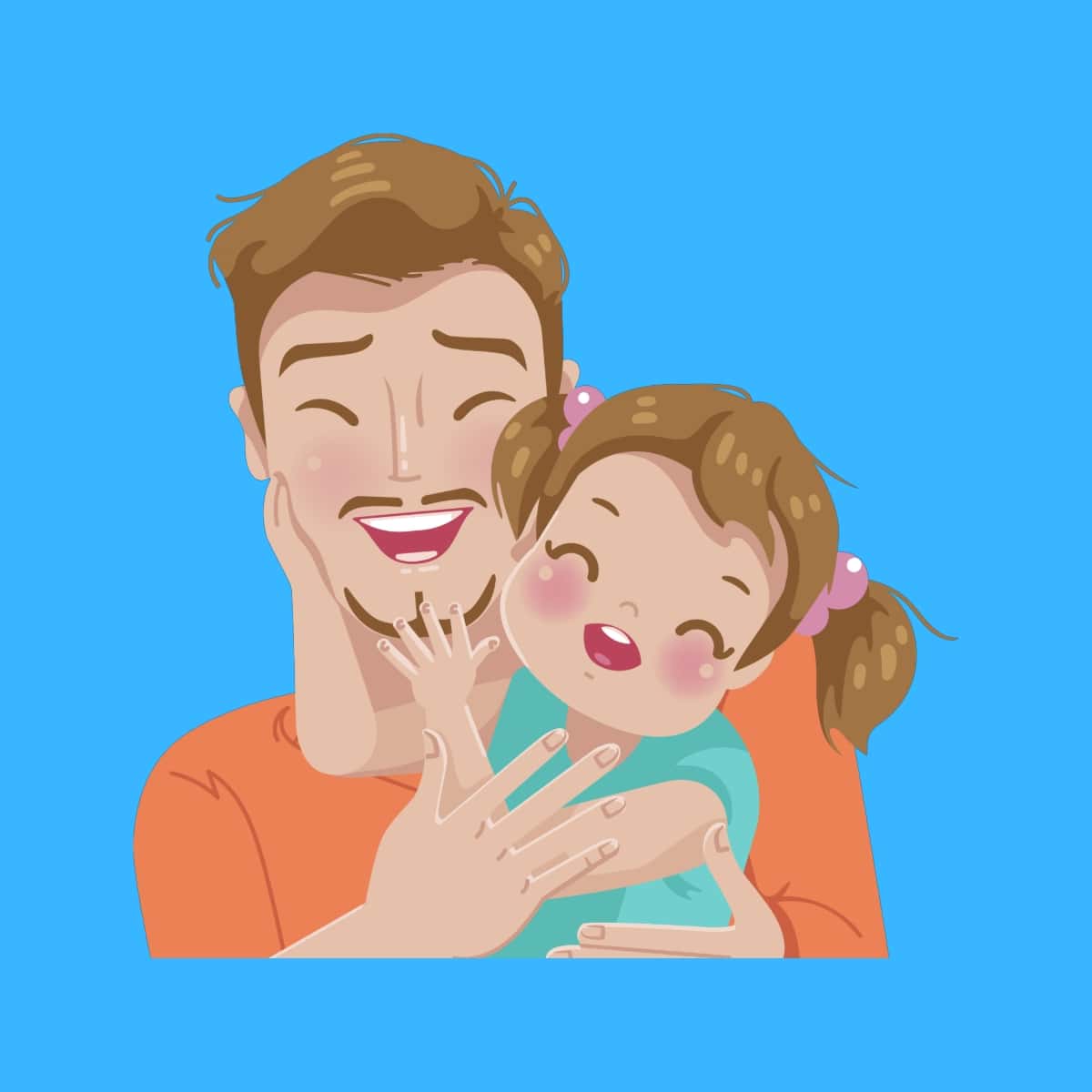 Cartoon graphic of an uncle and his niece smiling with their eyes closed on a blue background.