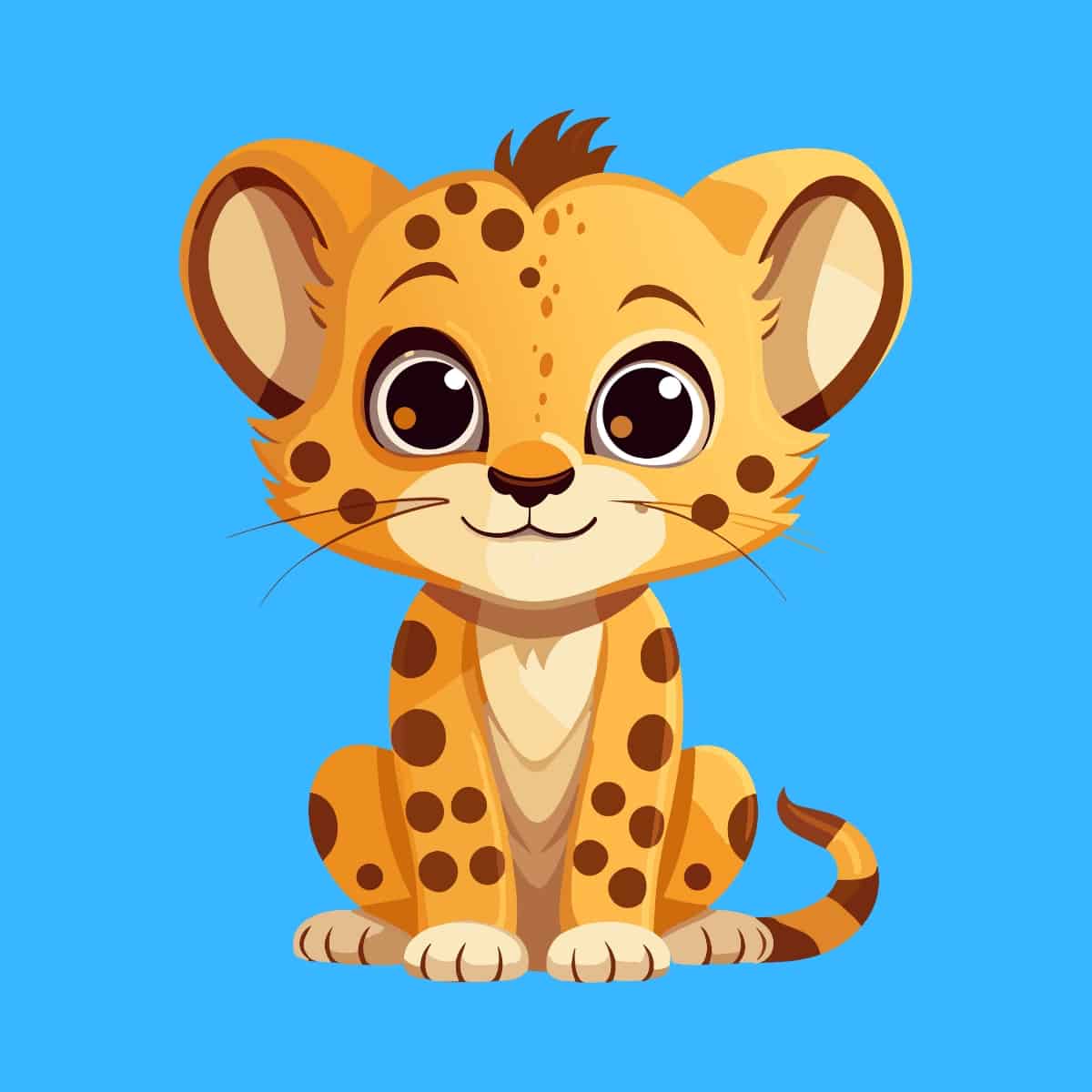 Cartoon graphic of a young cute cheetah sitting on a blue background.