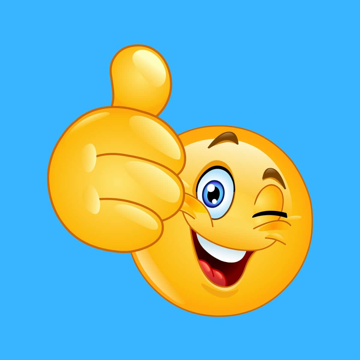 Cartoon graphic of a smiling emoji giving the thumbs up at a funny joke on a blue background.