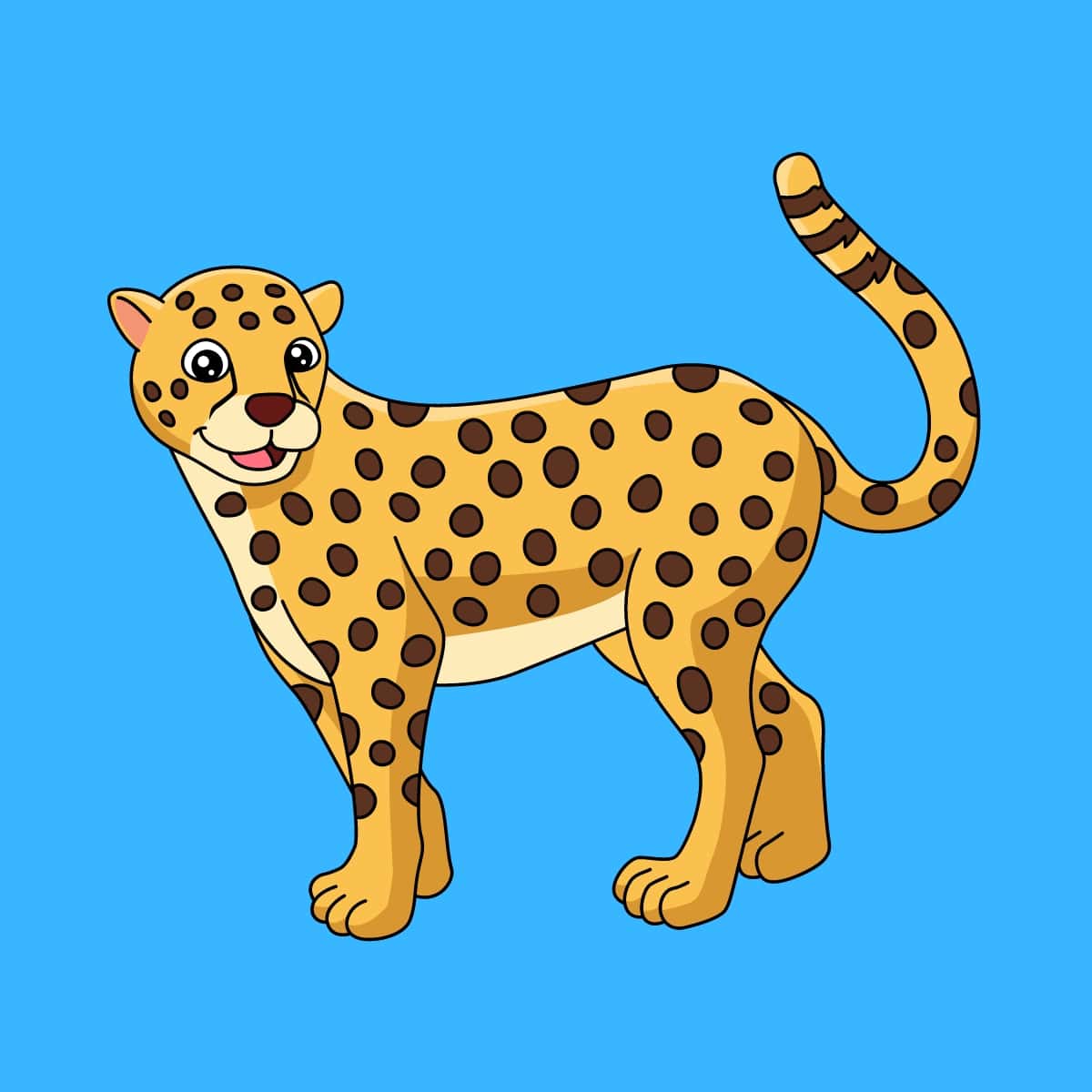 Cartoon graphic of a smiling cheetah standing on a blue background.