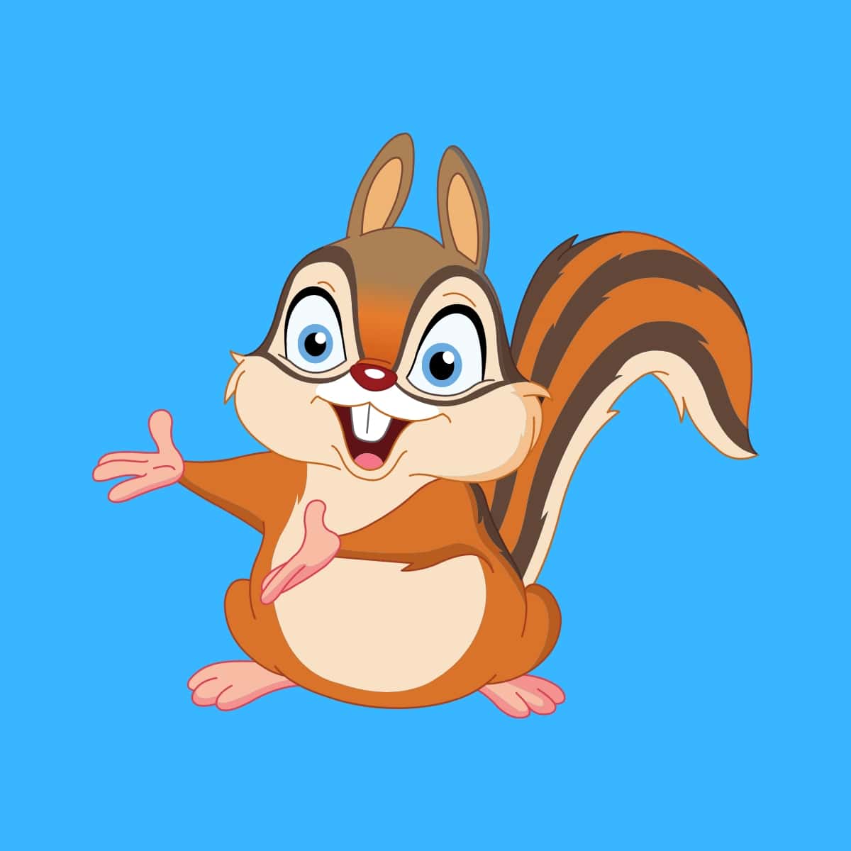 Cartoon graphic of a cute smiling chipmunk with its hands out on a blue background.