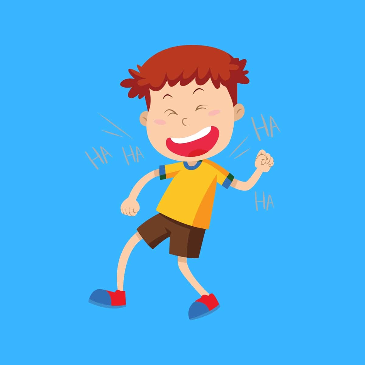 Cartoon graphic of a boy laughing at very funny jokes on a blue background.