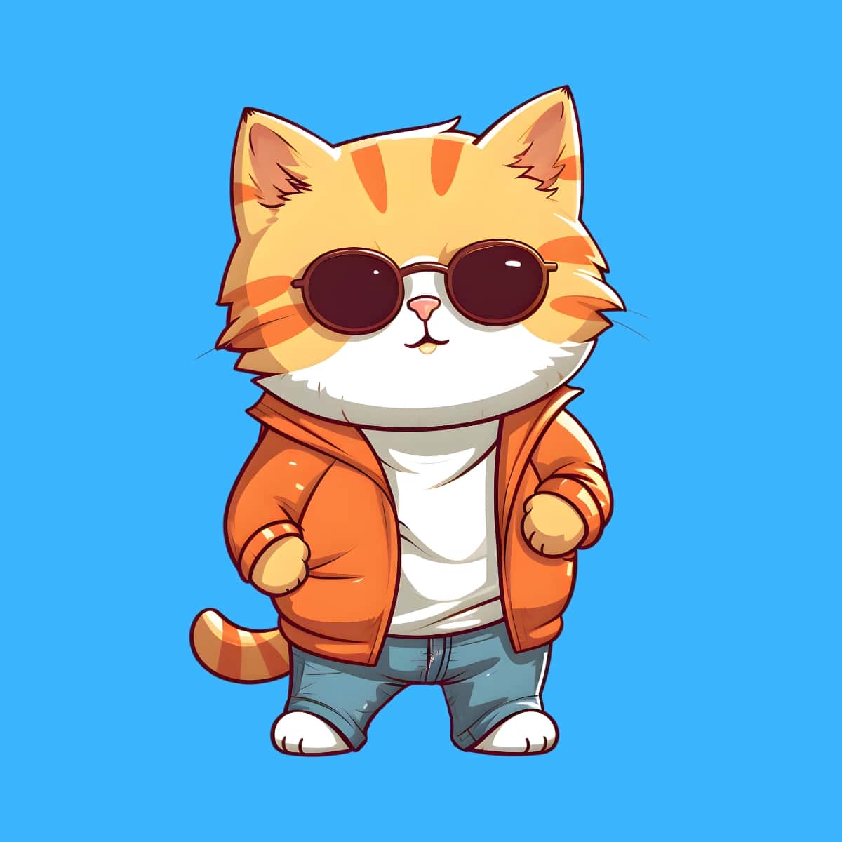 Cartoon graphic of cat with sunglasses standing looking cool wearing jacket on a blue background.