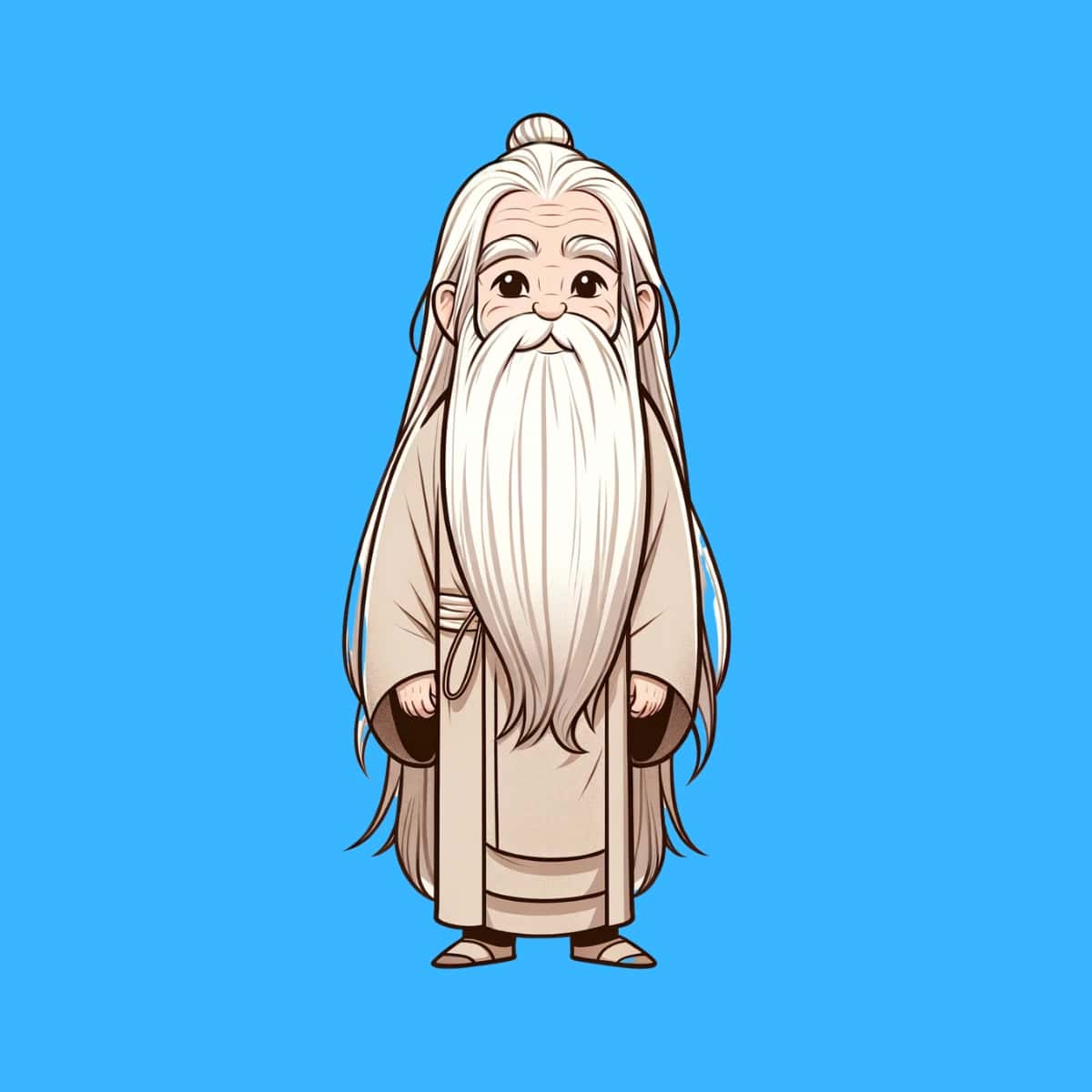 A cartoon graphic of an old Chinese man in a robe with a very long white beard on a blue background.
