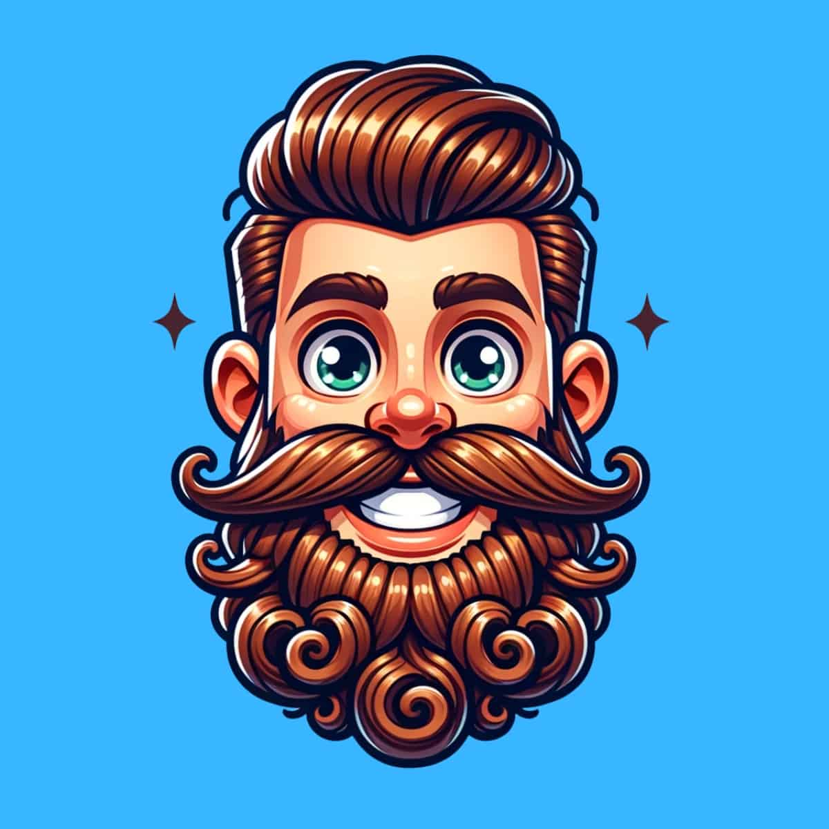 A cartoon graphic of a man with a fancy, elaborately styled beard on a blue background.