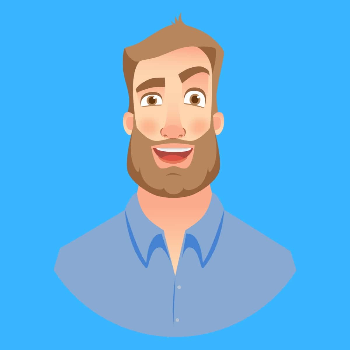 A cartoon graphic of a man with a full beard on a blue background.