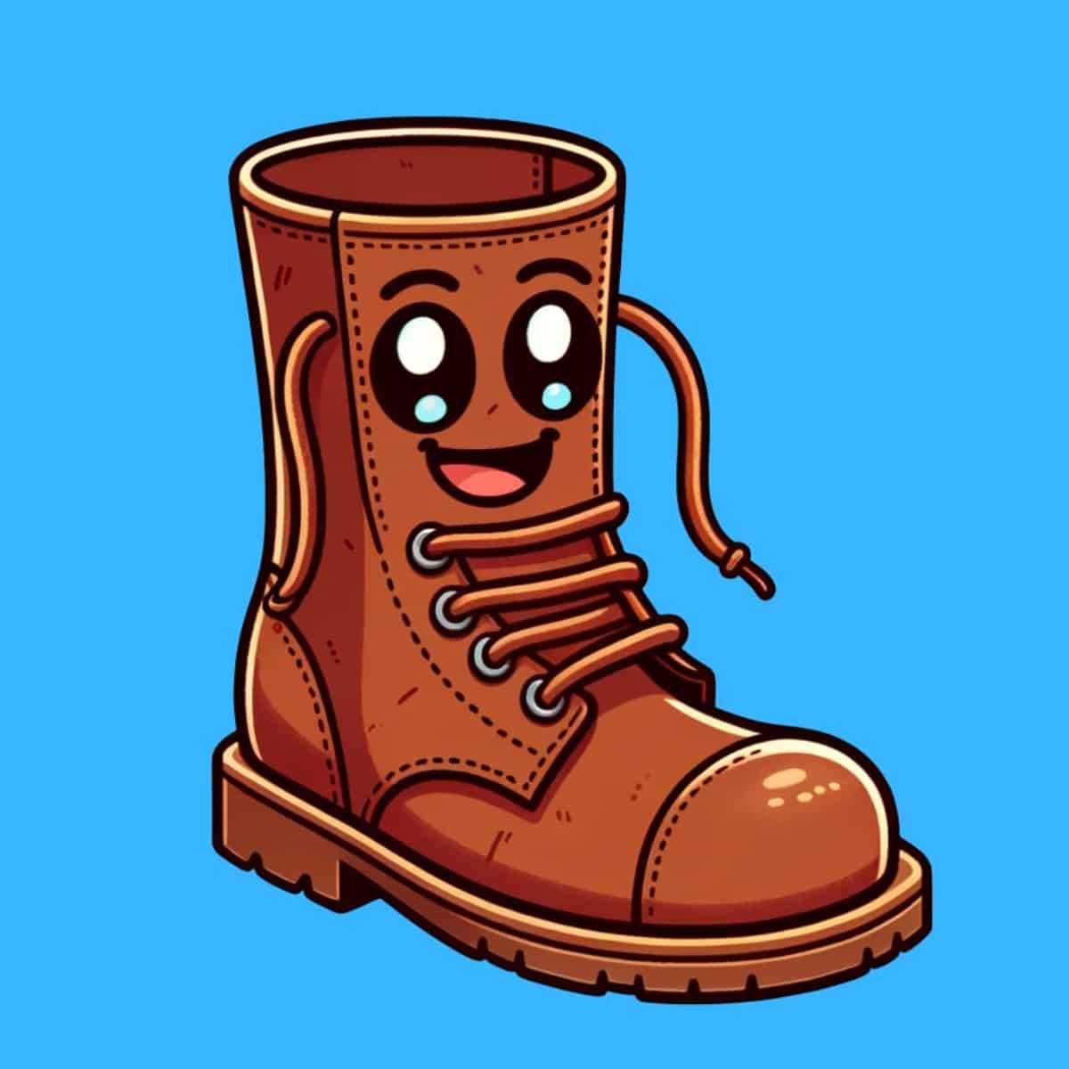 A cartoon graphic of a smiling brown boot on a blue background.