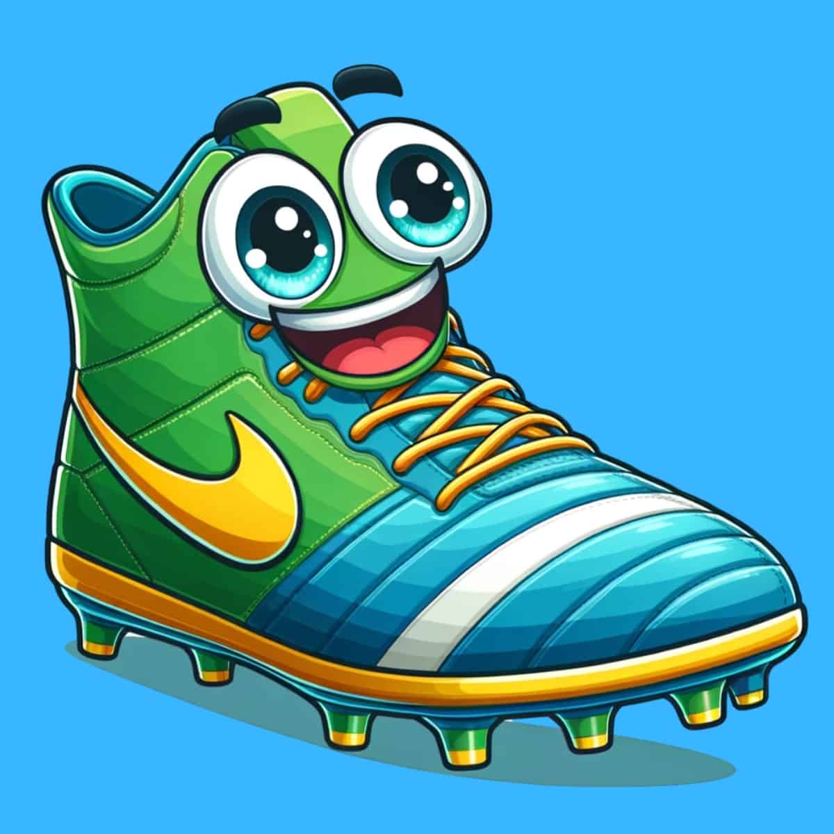 A cartoon graphic of a smiling soccer boot on a blue background.