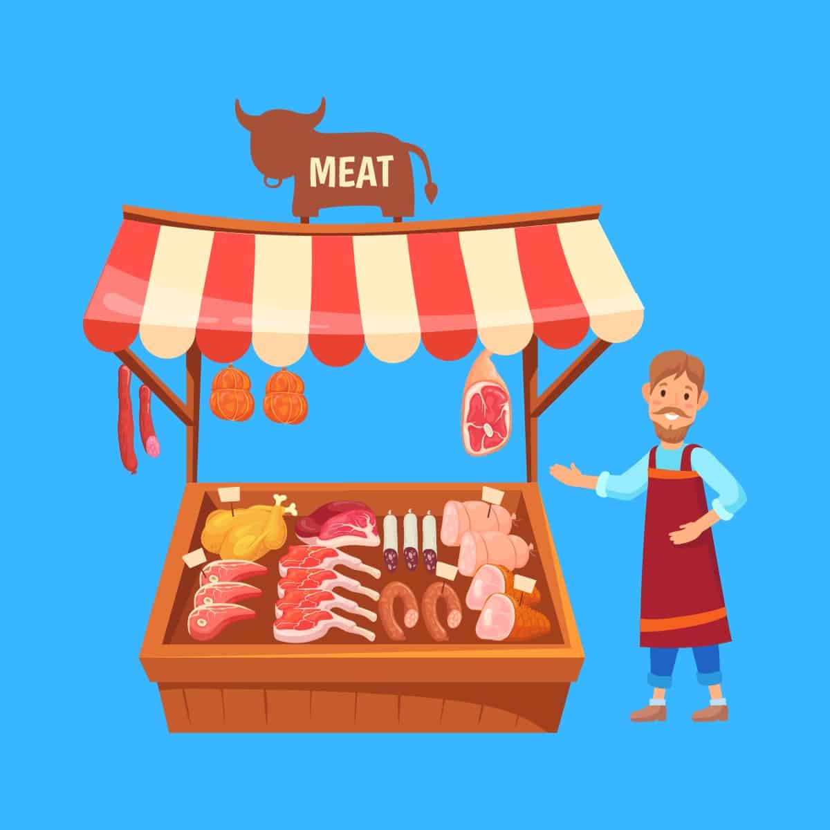 Cartoon graphic of a butcher next to his meat stall on a blue background.