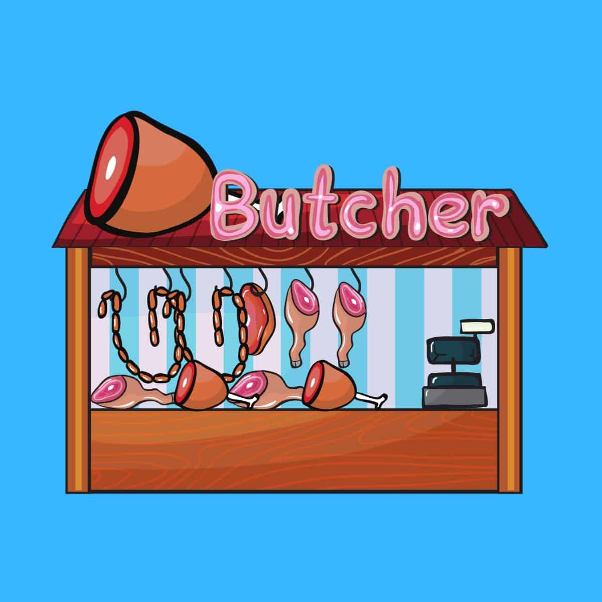 Cartoon graphic of a butcher stall with the word butcher above it in pink on a blue background.