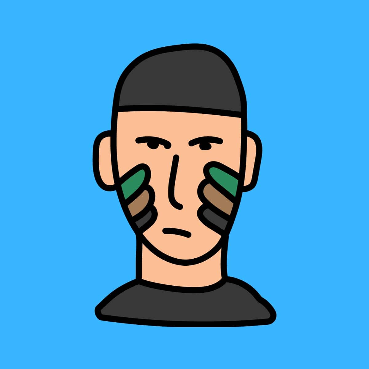 Cartoon graphic of a man with a camo painted face on a blue background.