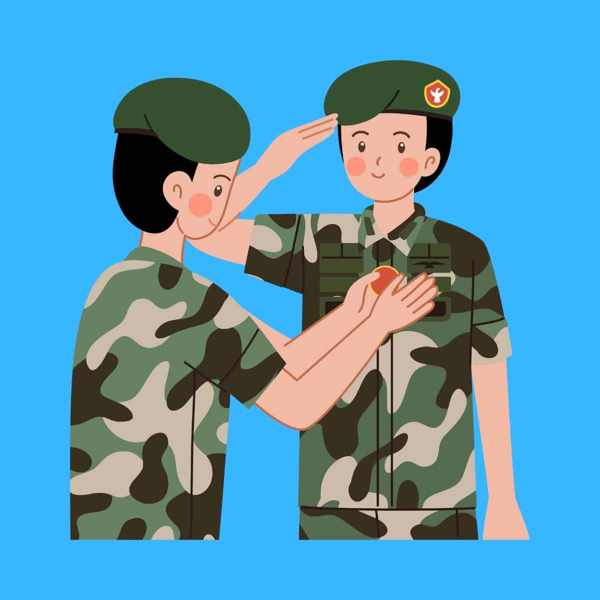Cartoon graphic of an army officer wearing camo giving another a medal on a blue background.