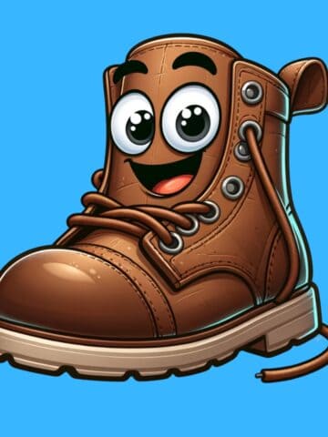 A cartoon graphic of a smiling brown work boot on a blue background.