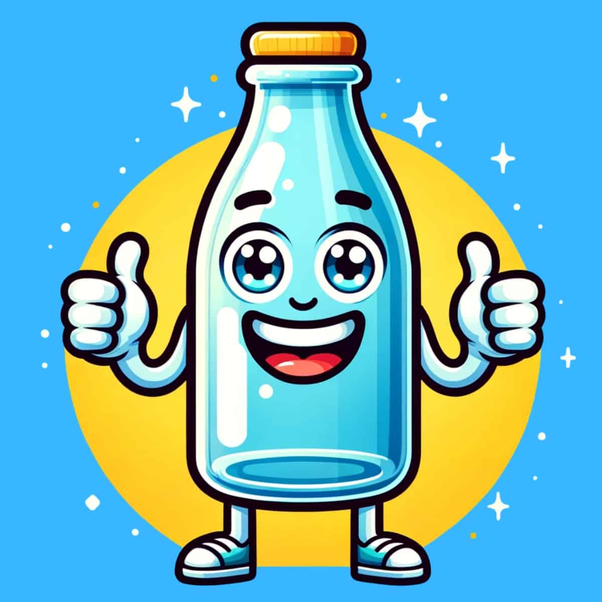 A cartoon graphic of a blue bottle smiling and doing the thumbs-up sign with both hands on a blue background.
