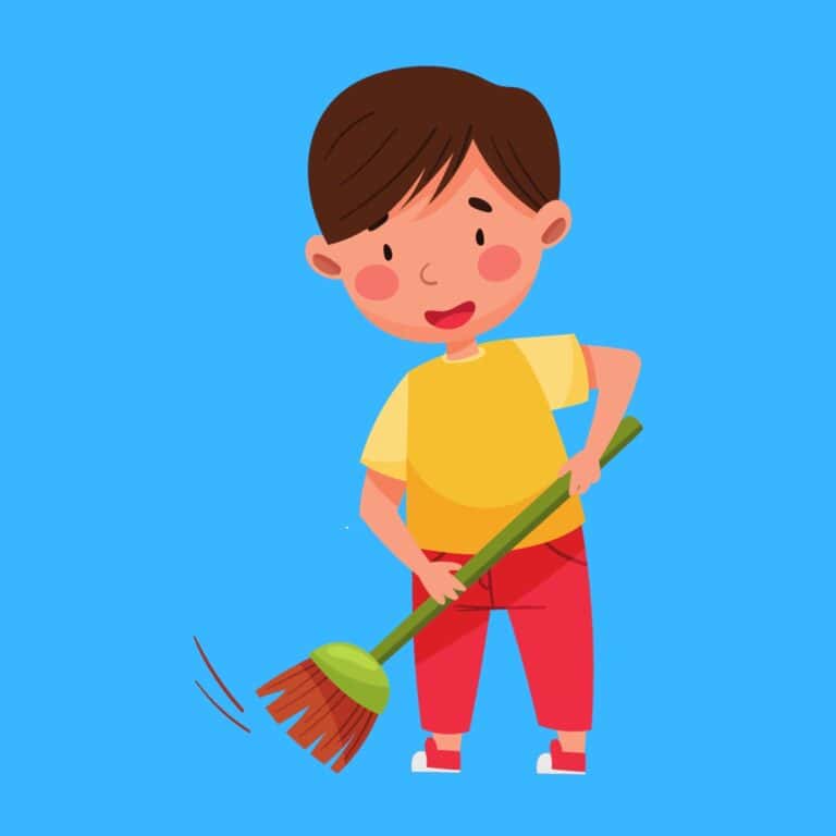 A cartoon graphic of a boy sweeping the floor with a broom on a blue background.