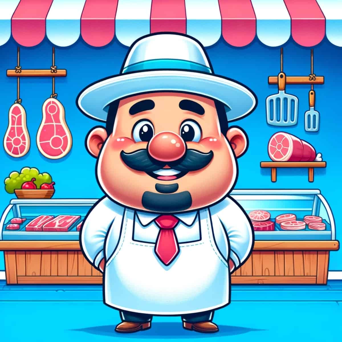 A cartoon graphic of a butcher  in his shop that looks funny and is a family friendly picture on a blue background.