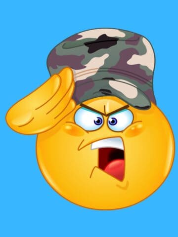 Cartoon graphic of an army emoji wearing a camo hat on a blue background.