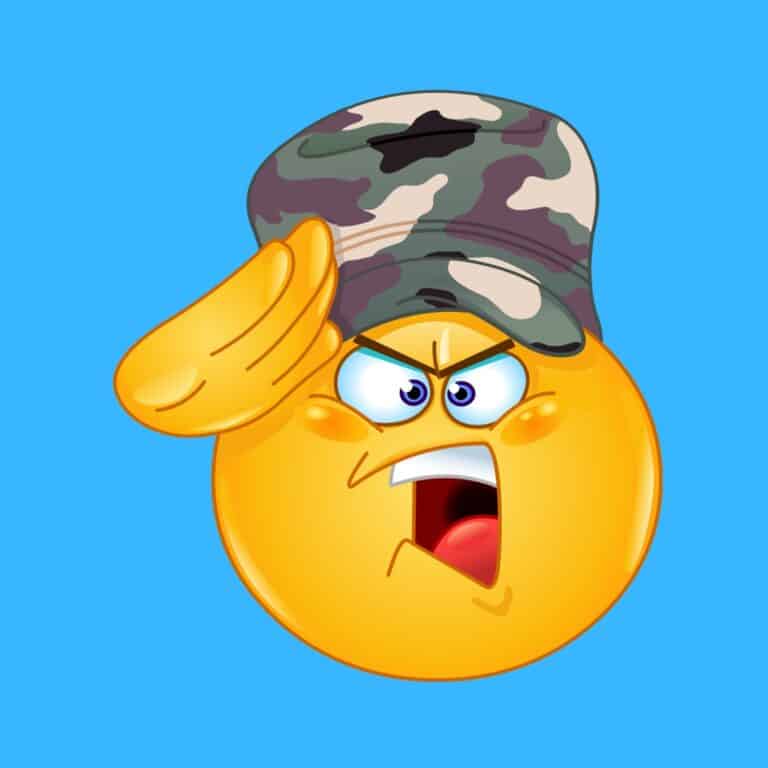 Cartoon graphic of an army emoji wearing a camo hat on a blue background.