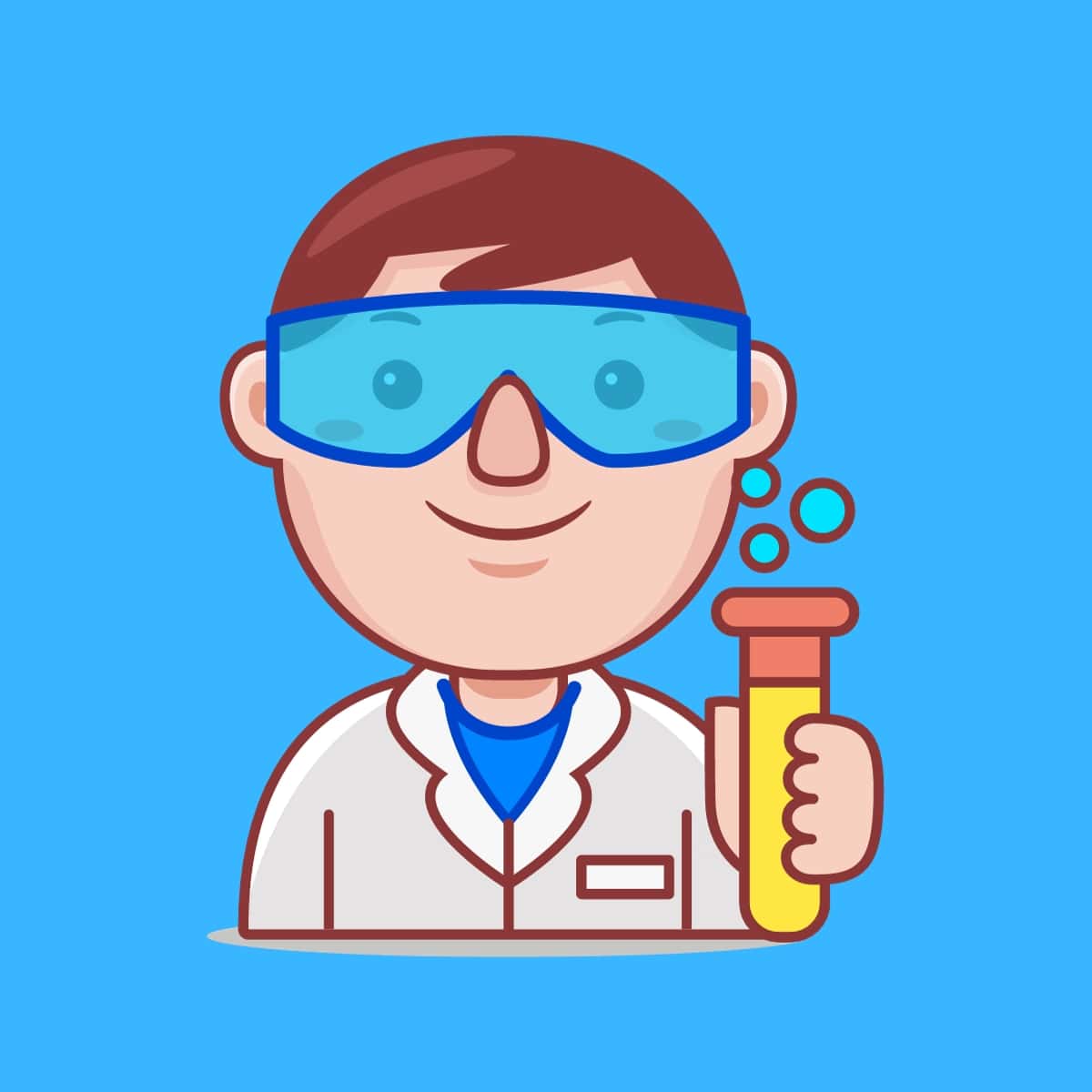 Cartoon graphic of scientist holding tube on blue background.