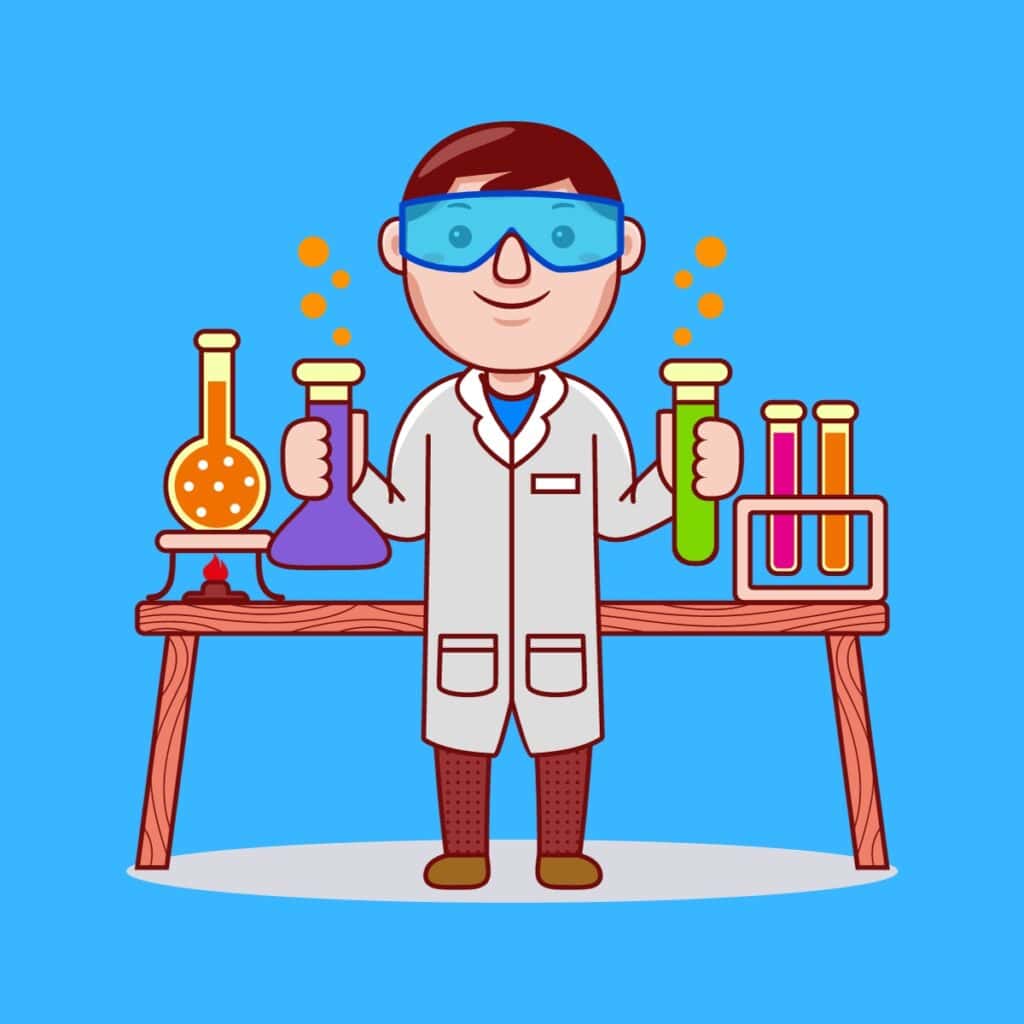 Cartoon graphic of scientist holding tubes next to table on blue background.