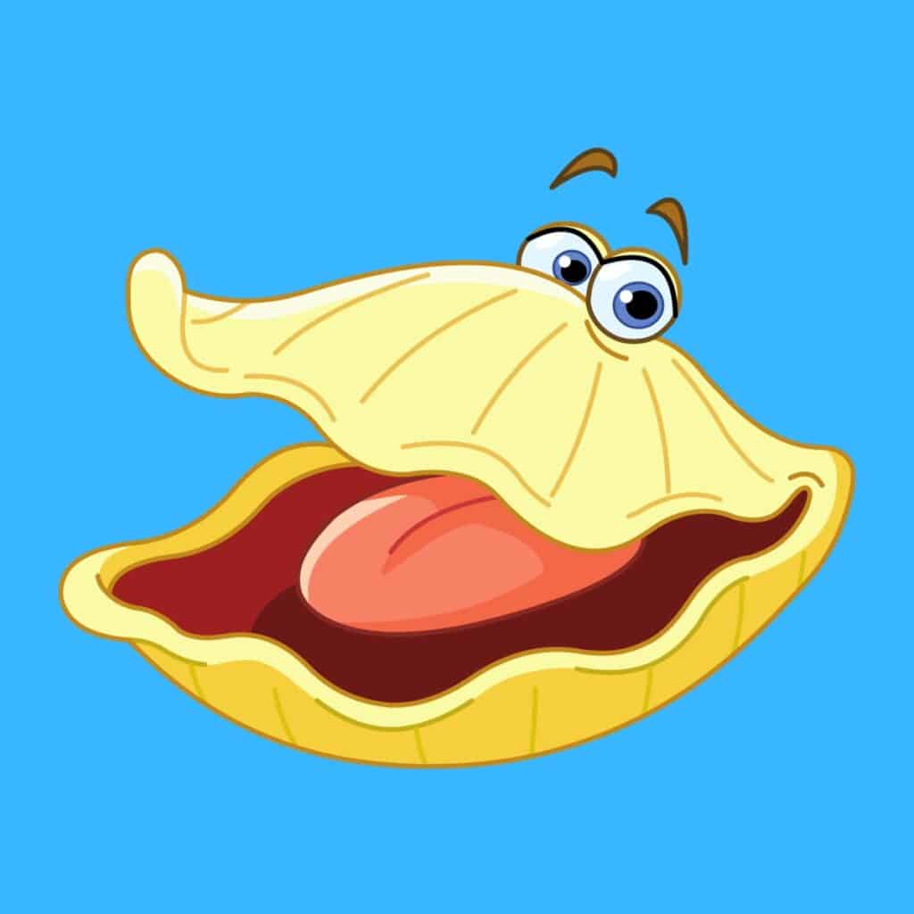 Cartoon graphic of a happy yellow oyster with eyes on its shell on a blue background.