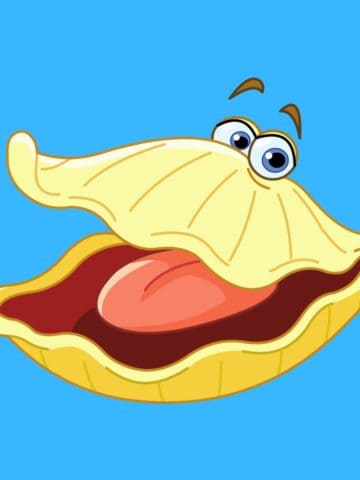 Cartoon graphic of a happy yellow oyster with eyes on its shell on a blue background.