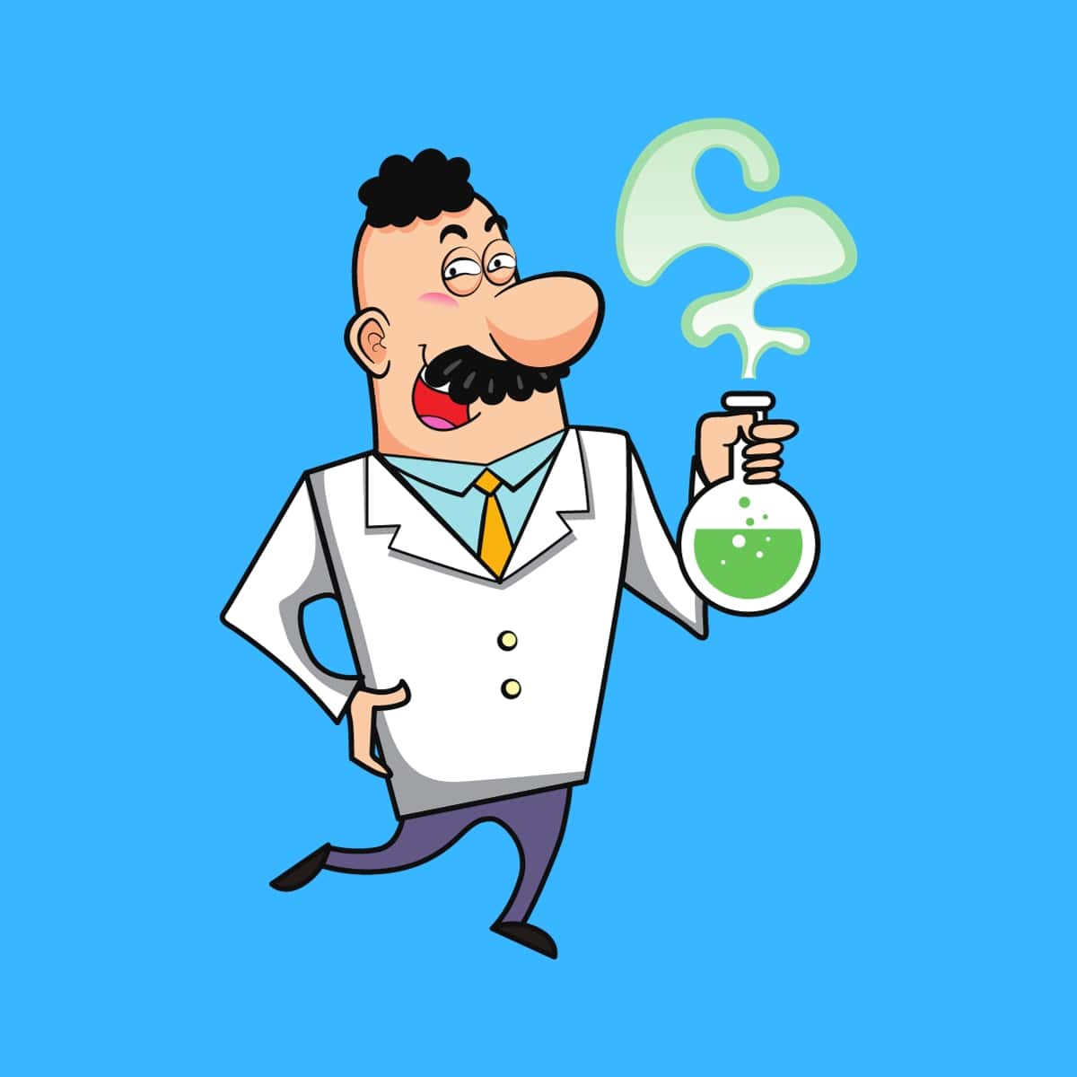 Cartoon graphic of chemist holding chemicals on blue background.