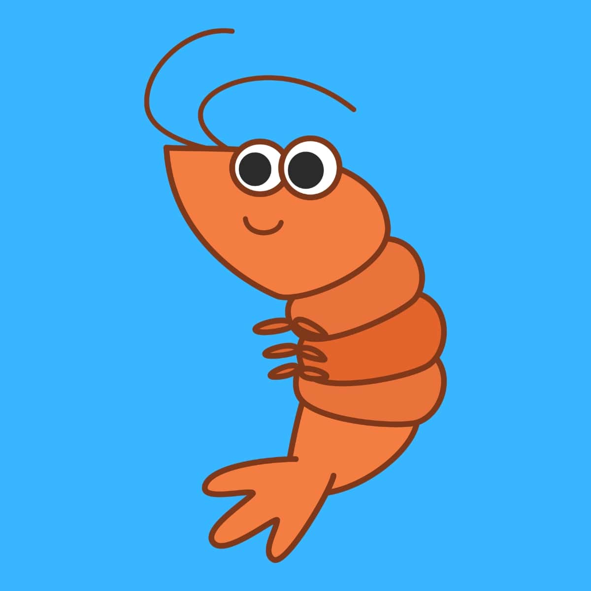 Cartoon graphic of a cute smiling shrimp on a blue background.