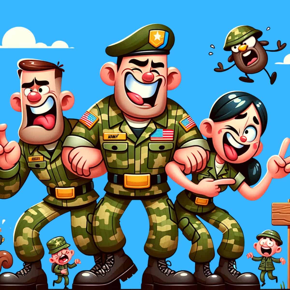 A cartoon graphic of 3 laughing army personal on a blue background.