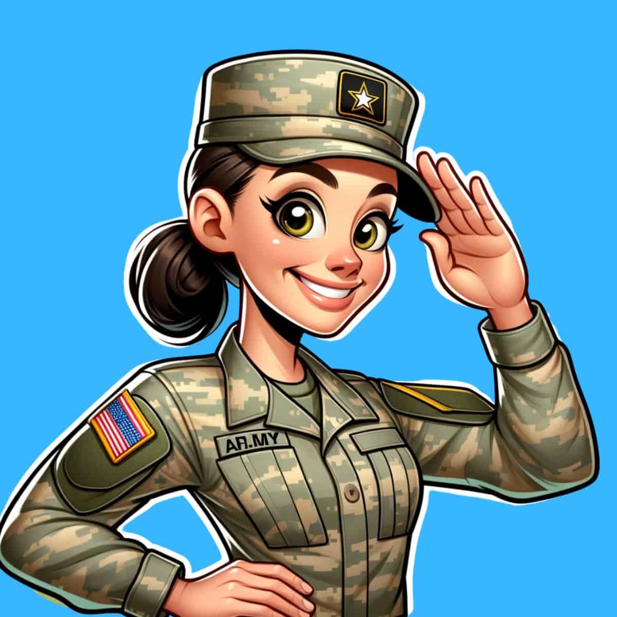 A cartoon graphic of a female army officer saluting on a blue background.