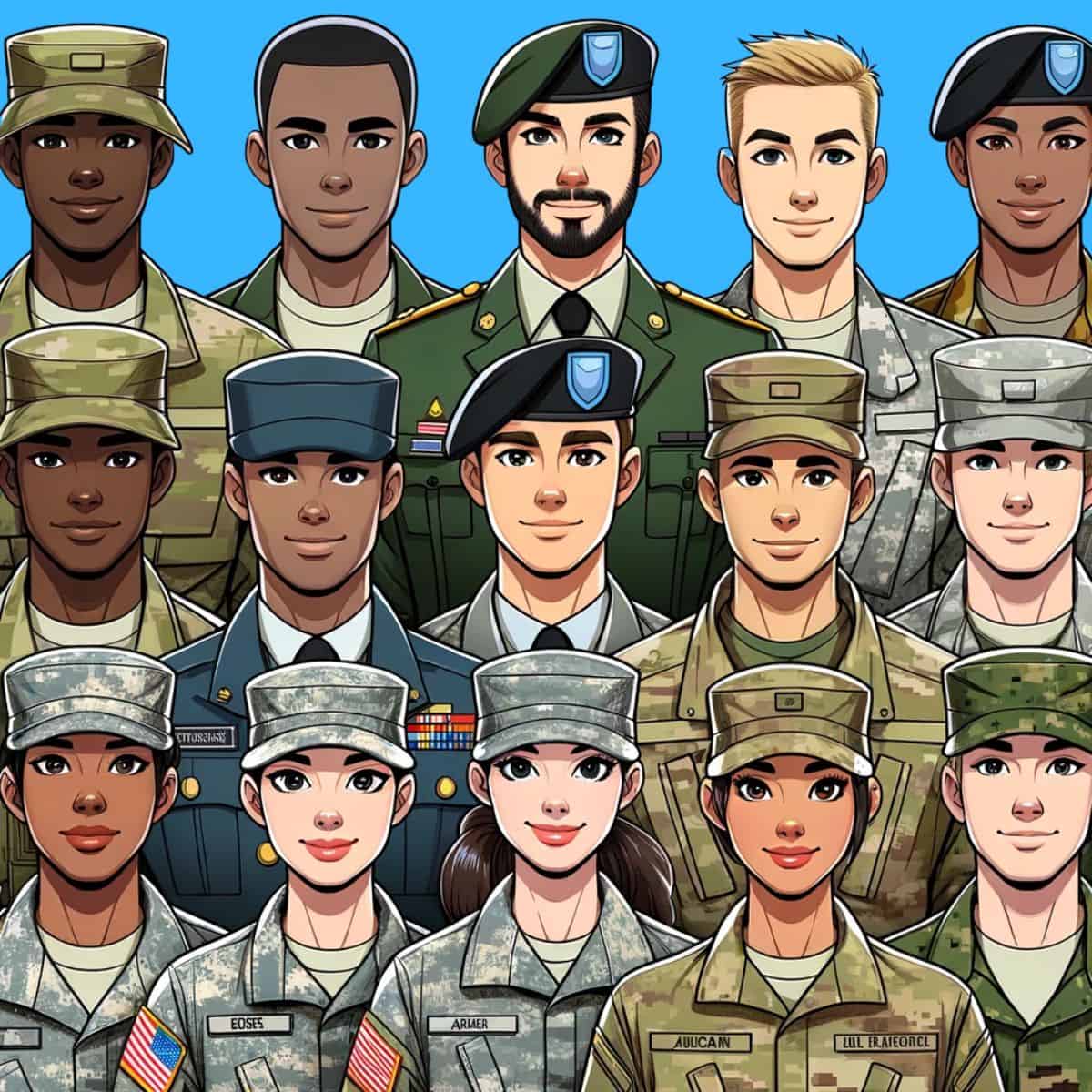 A cartoon graphic of lots of army people standing fora picture on a blue background.