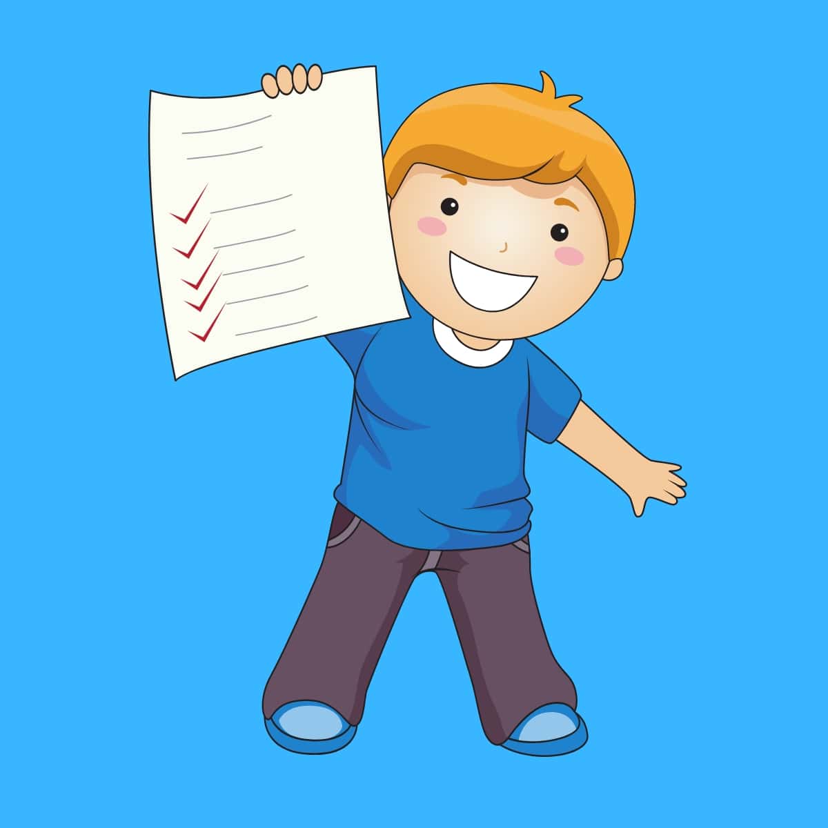 A cartoon graphic of a boy holding a marked exam and smiling on a blue background.