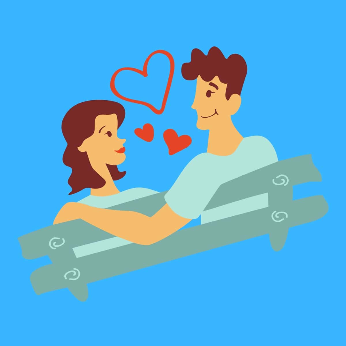 A cartoon graphic of a boyfriends with his arm around his girlfriend on a bench seat on a blue background.
