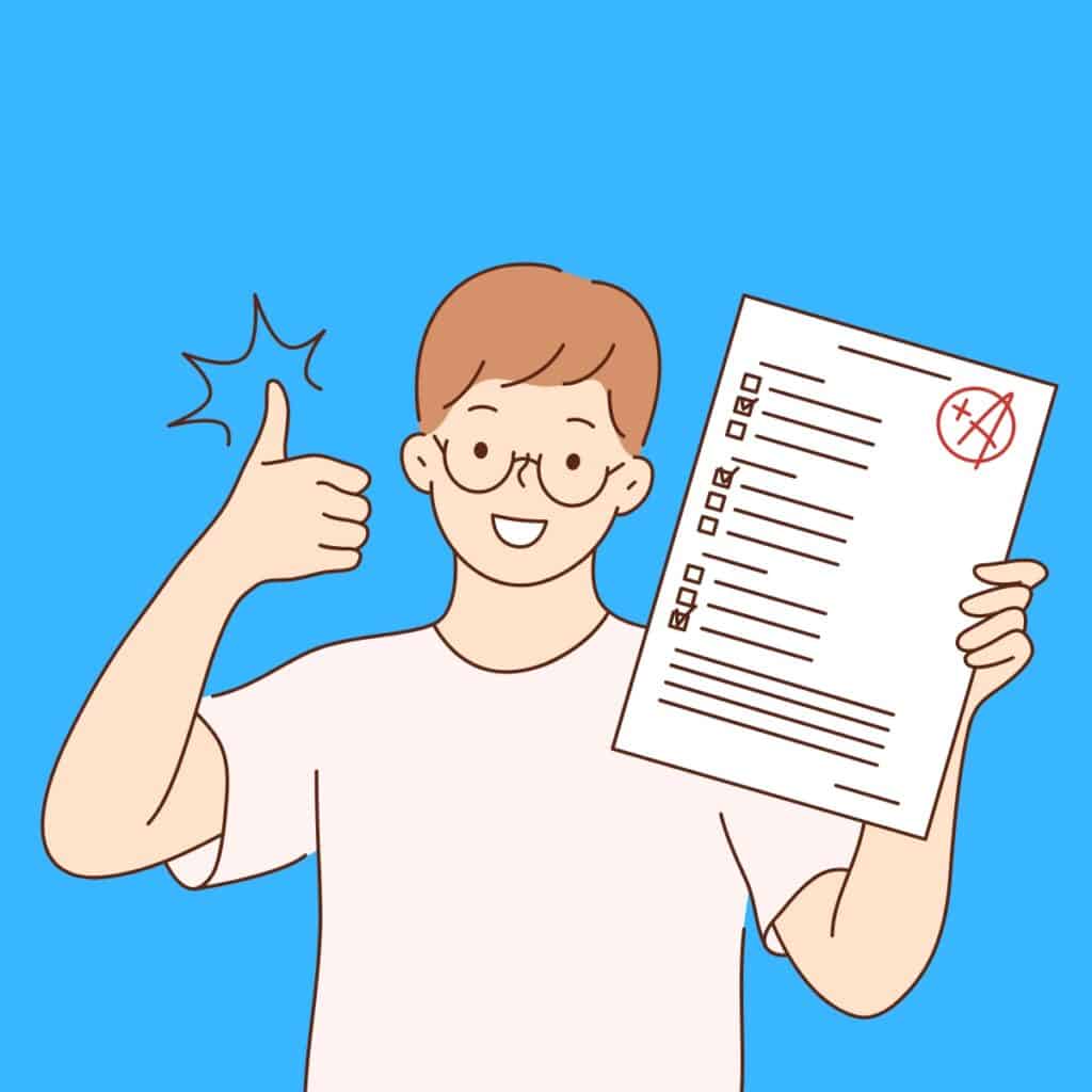 A cartoon graphic of a teen doing the thumbs up holding a marked exam paper with an A+ on a blue background.