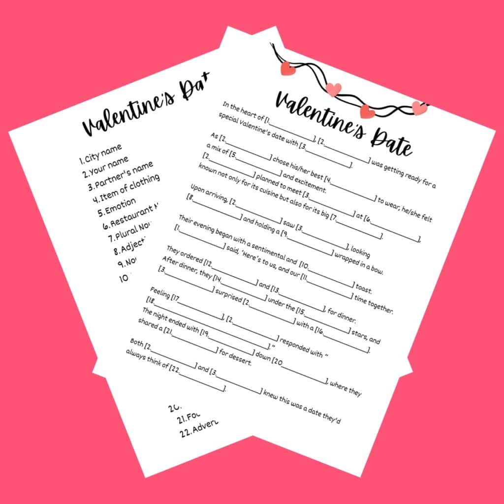 2 printed pages of Valentine's Day Mad Libs on a pink background.