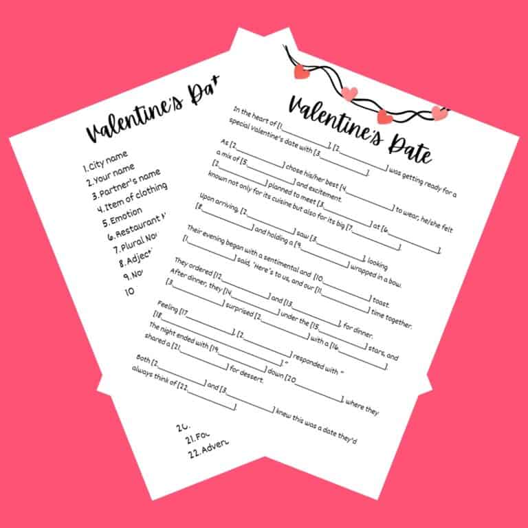 2 printed pages of Valentine's Day Mad Libs on a pink background.